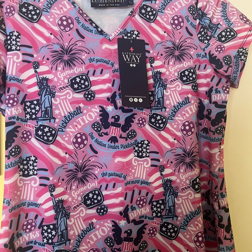 Katherine Way women’s Patriotic Pickelball theme Pink Shirt
